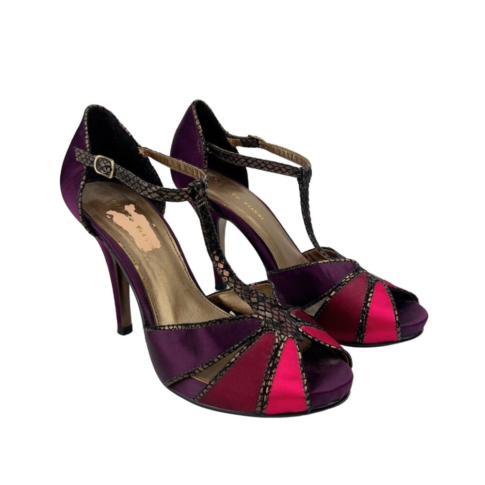 Vintage Satin Color Block Heels with Ankle Strap